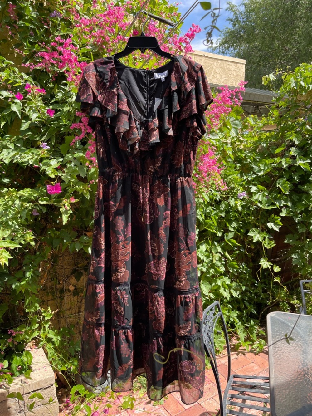 LOST + WANDER Whispers of Bohemia Floral Print MIDI Dress Plum Black Sz L